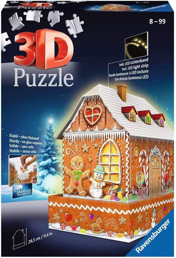 Ravensburger 11237 - Lebkuchenhaus bei Nacht, 3D-Puzzle, 216 Teile und Zubehör Anzahl Teile: 216 3D-Puzzle, und 41 Zubehörteile, Mit LED-Lichtband,