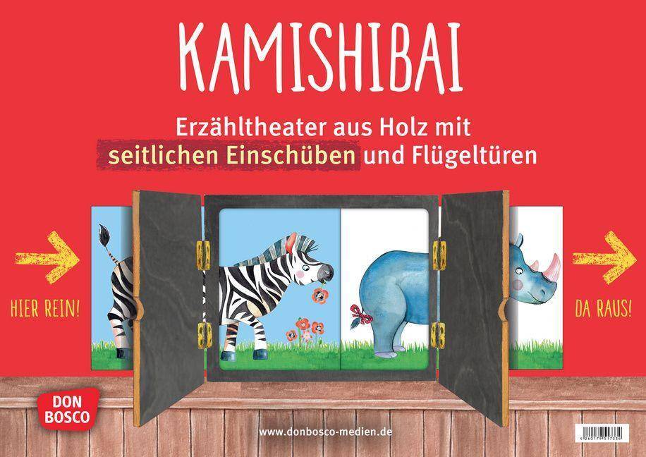 Kamishibai mit seitlichem Einschub und offener Rückwand. Erzähltheater für Bildkarten in DIN A3. Fertig montiert. Mit Don Bosco-Qualitätssiegel:
