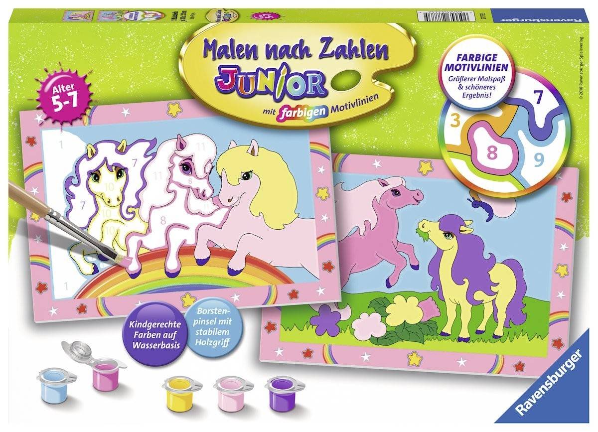 Ravensburger 27773 - Süße Ponys, Malen nach Zahlen Junior Mit farbigen Motivlinien, 2 Maltafeln 32 x 32 cm, Mit 5 Acrylfarben auf Wasserbasis und Bo