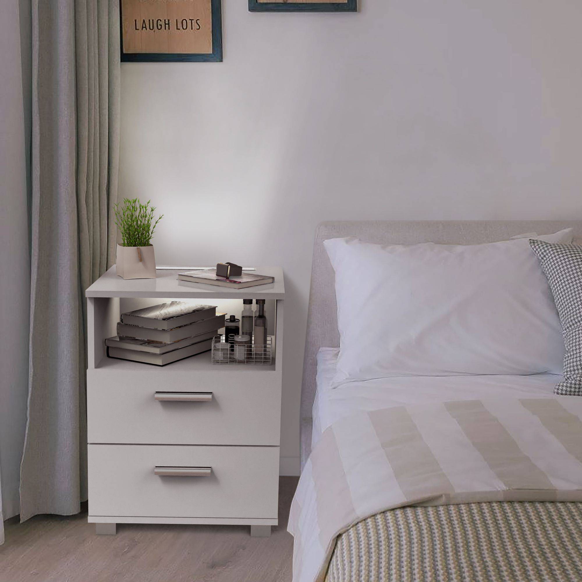 kalb | Mila - Nachtkonsole Nachttisch mit integriertem LED Licht, dimmbar Farbe: Weiß