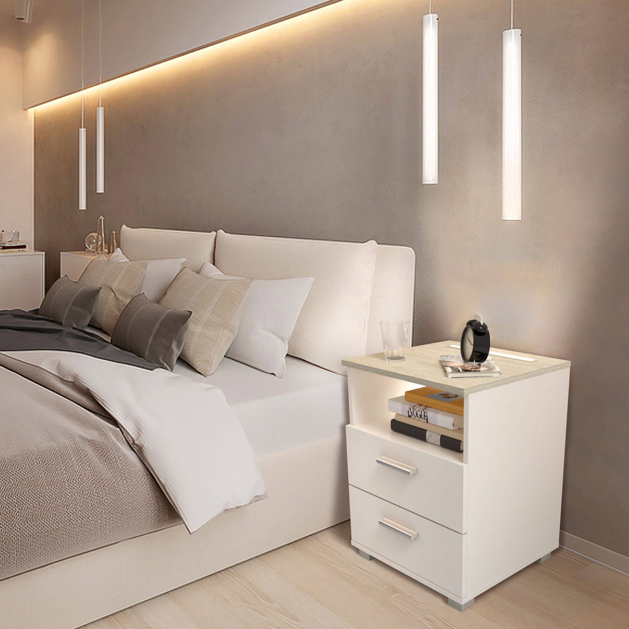 kalb | Mila - Nachtkonsole Nachttisch mit integriertem LED Licht, dimmbar Farbe: Eiche