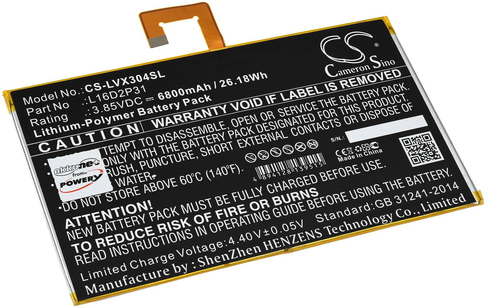 Powery Akku passend für Tablet Lenovo Tab 4 10.1 (TB-X304F), Typ L16D2P31, 3,85V, Li-Polymer