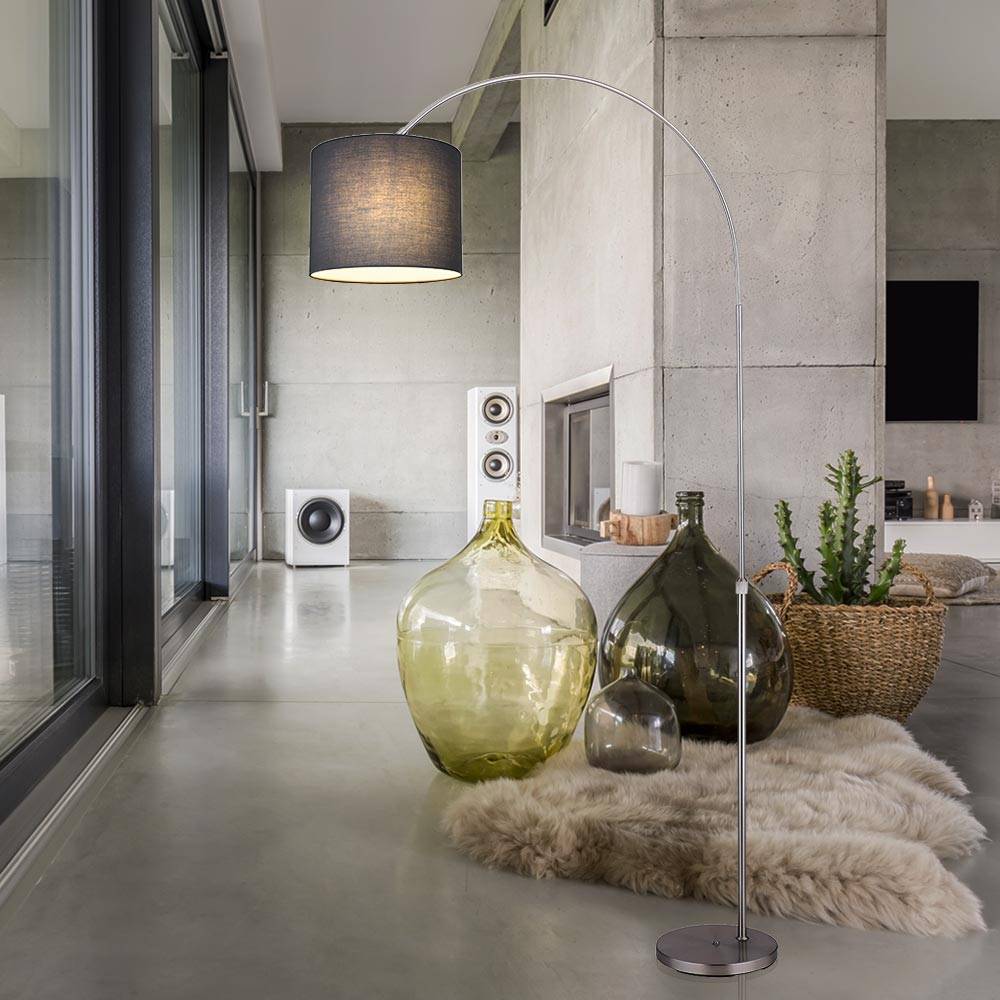 Bogenstehlampe Stoffschirm Stehlampe gebogen Wohnzimmer Bogenlampe grau, höhenverstellbar, 1x E27, LxH 96x195 cm