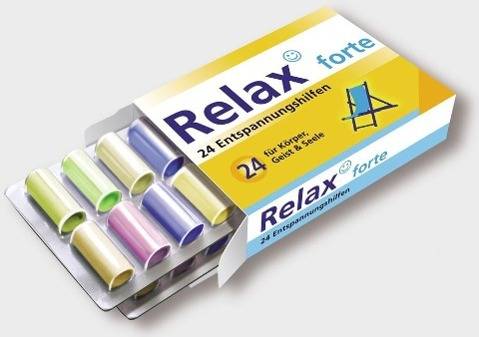 Relax forte 24 Entspannungshilfen für Körper, Geist & Seele. 2 Blisterpackungen mit je 12 Papierröllchen in einer Schachtel