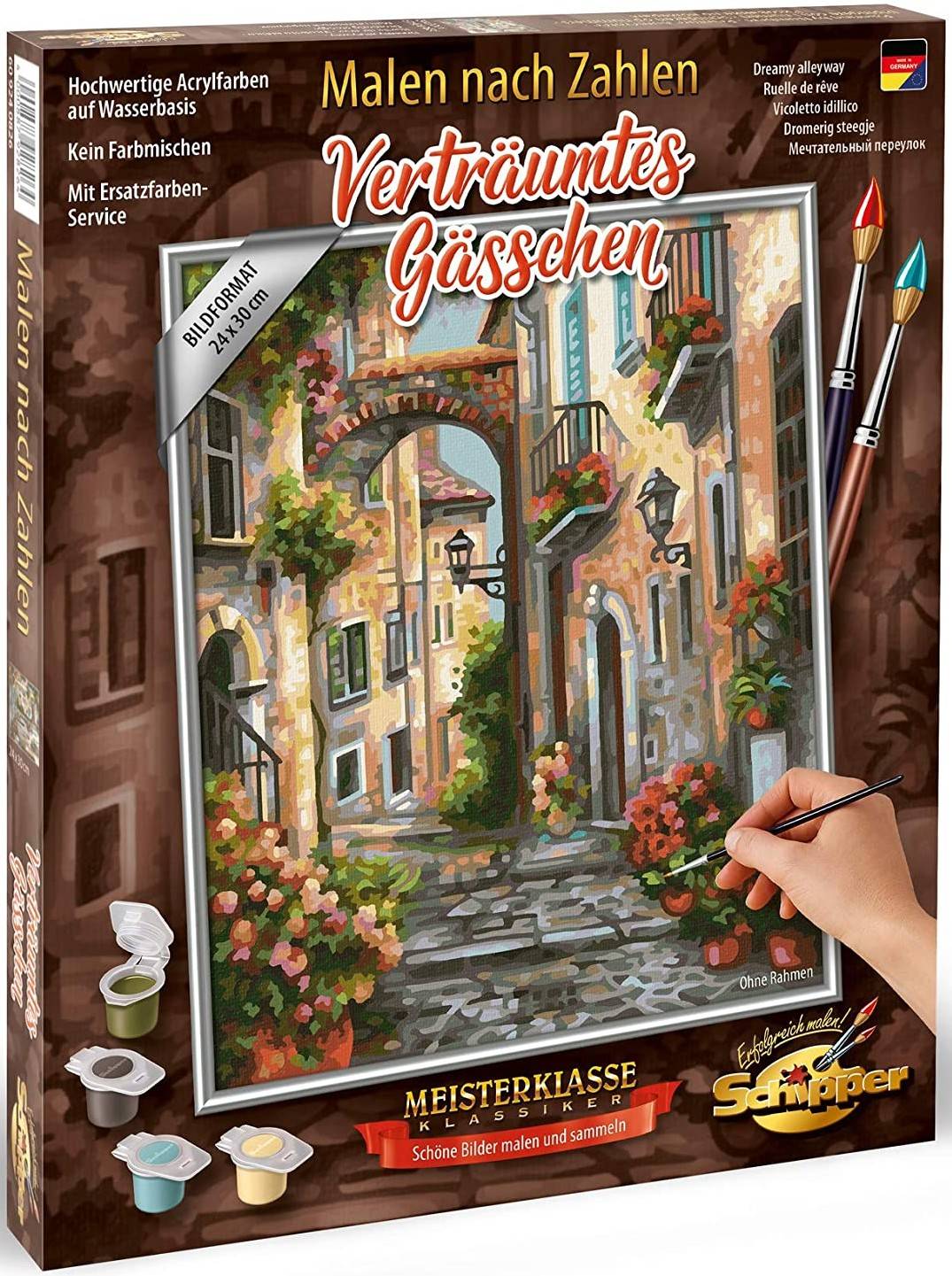 Schipper 609240826 - Malen nach Zahlen, Verträumtes Gässchen, 24 x 30 cm Meisterklasse Klassiker, Mit Acrylfarben auf Wasserbasis und Pinsel, Maltaf