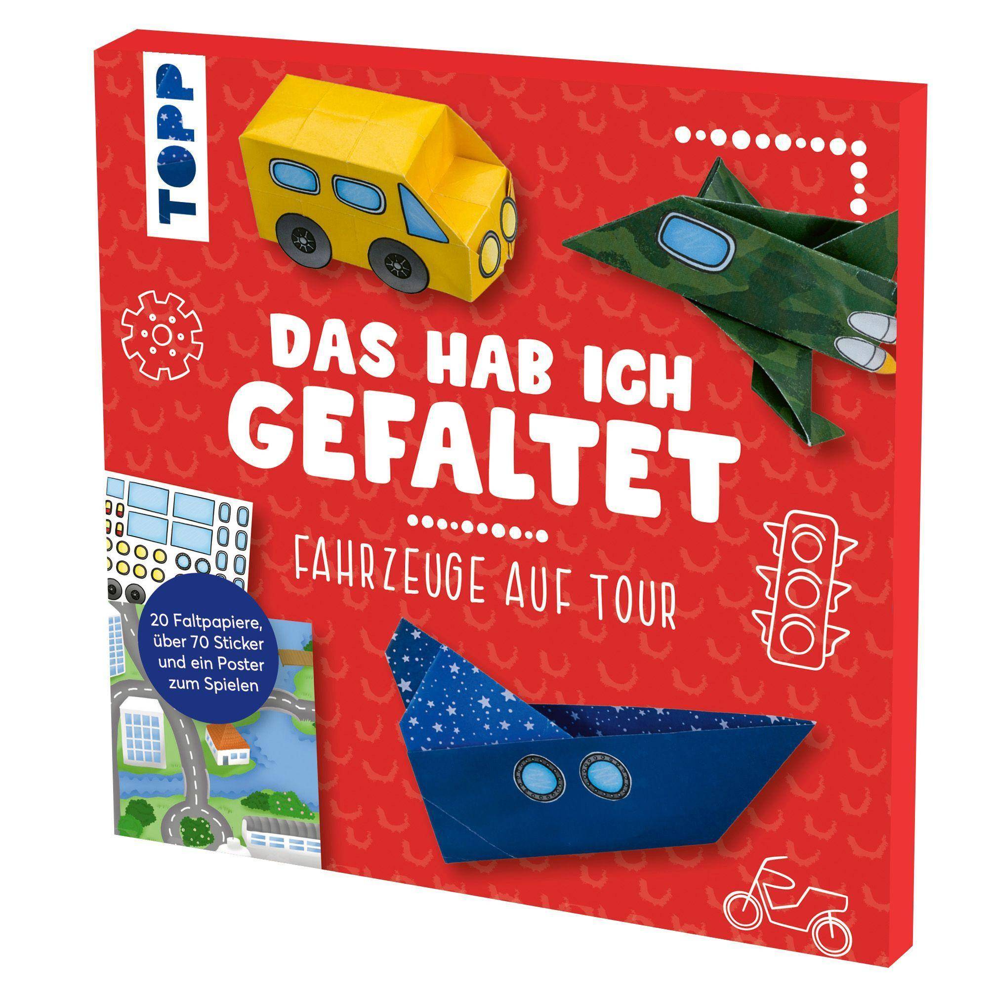 Das hab ich gefaltet Mini-Papierset - Fahrzeuge auf Tour Papierset zum Falten und Spielen. Mit 30 Faltblättern, über 70 Stickern und Spielposter