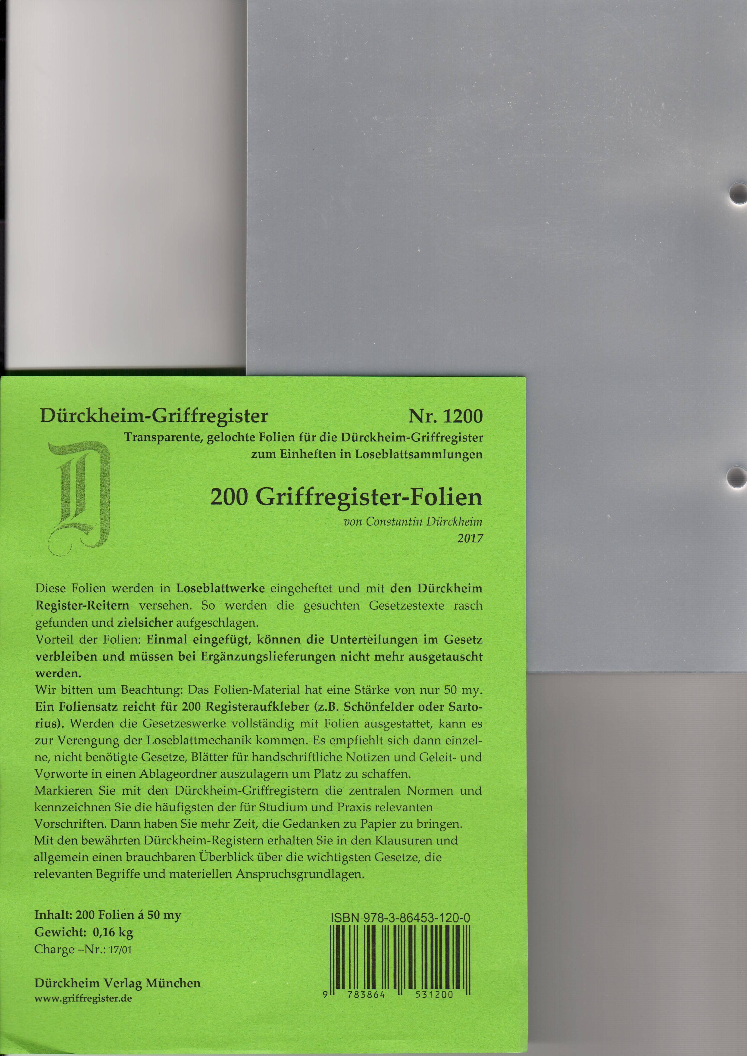 200 Griffregister-Folien Transparente, gelochte Folien für die Dürckheim-Griffregister zum Einheften in Loseblattsammlungen
