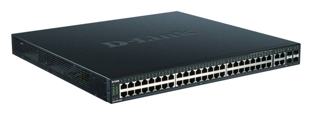 Ein schwarzer D-Link Netzwerk-Switch mit mehreren Ethernet-Ports auf dem Frontpanel, beschriftet mit 'DGS-1210-52MP', verwendet zum Verbinden von Geräten.