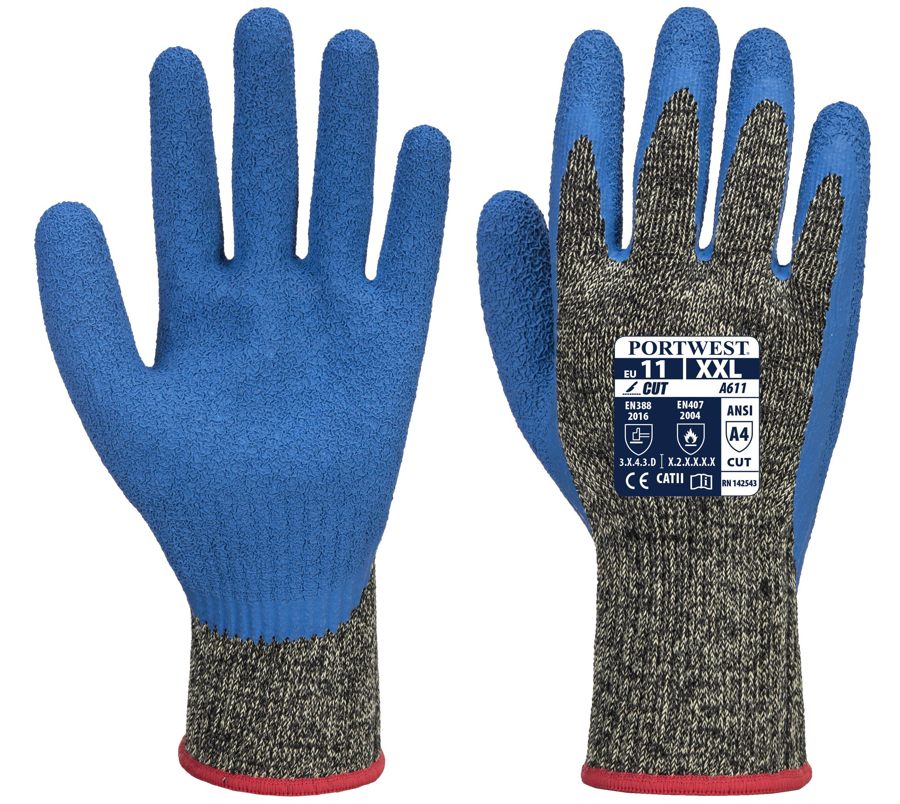 Portwest Cut D Aramid HR Latex Handschuh Farbe: Schwarz/Blau, Gr.: 8 (M)