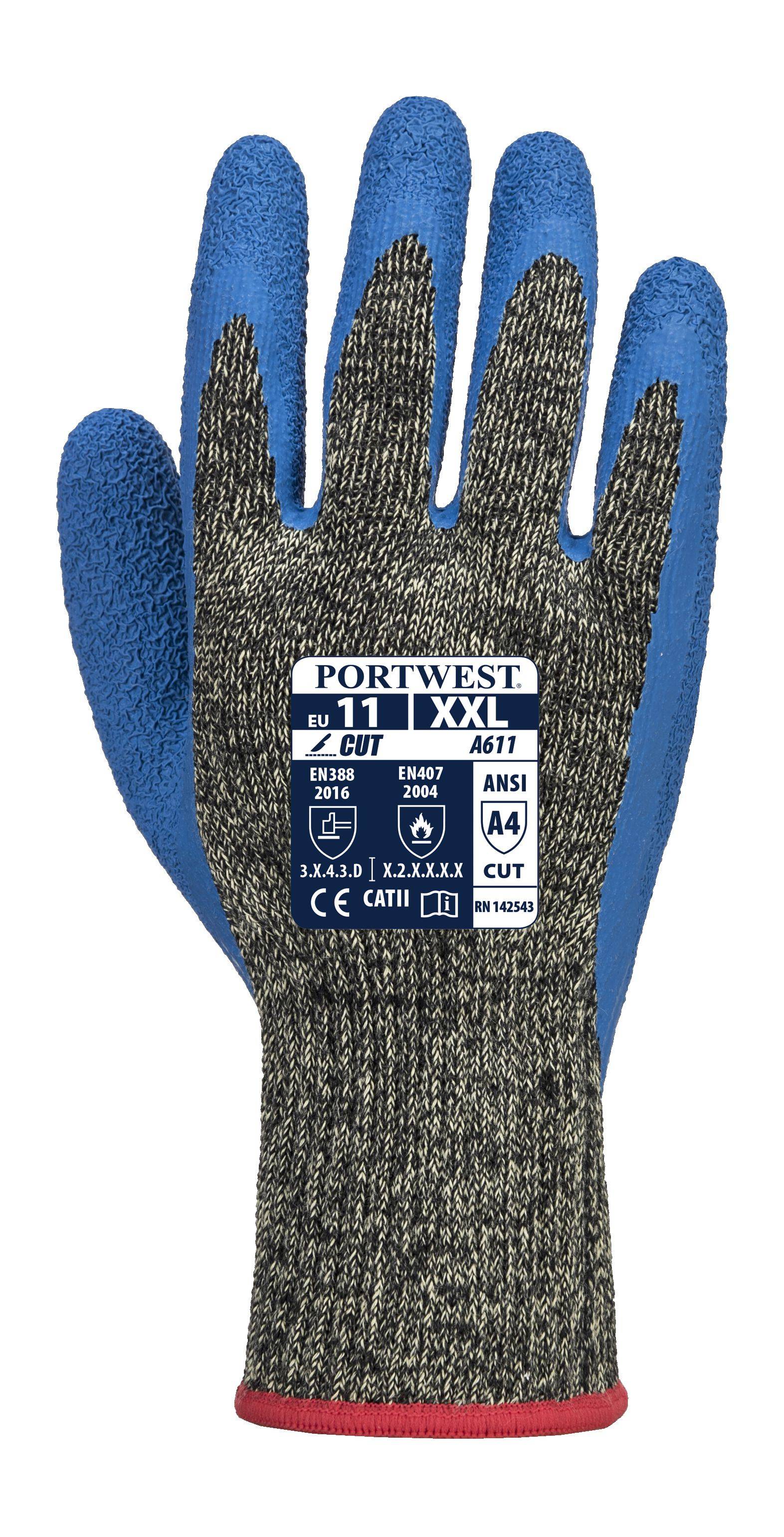 Portwest Cut D Aramid HR Latex Handschuh Farbe: Schwarz/Blau, Gr.: 8 (M)