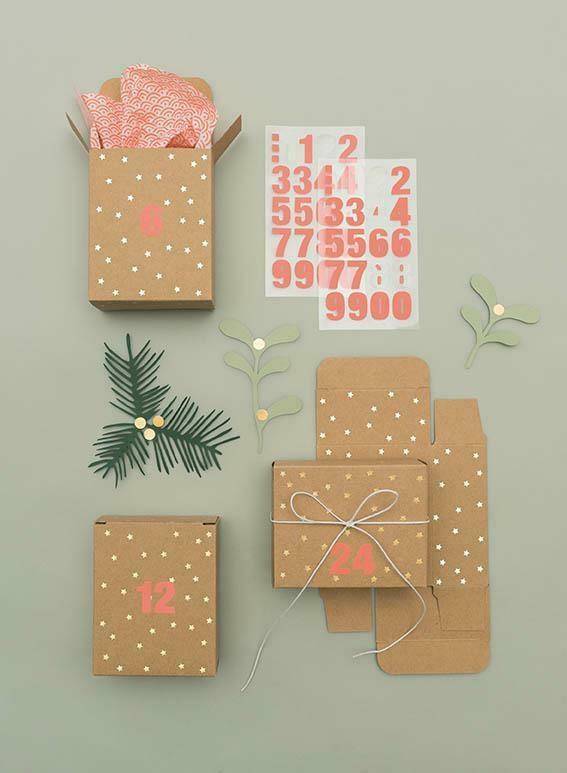 Adventskalender Boxen Kraftpapier/Gold, 24 Stück 24 Boxen à 4 x 8 x 10 cm