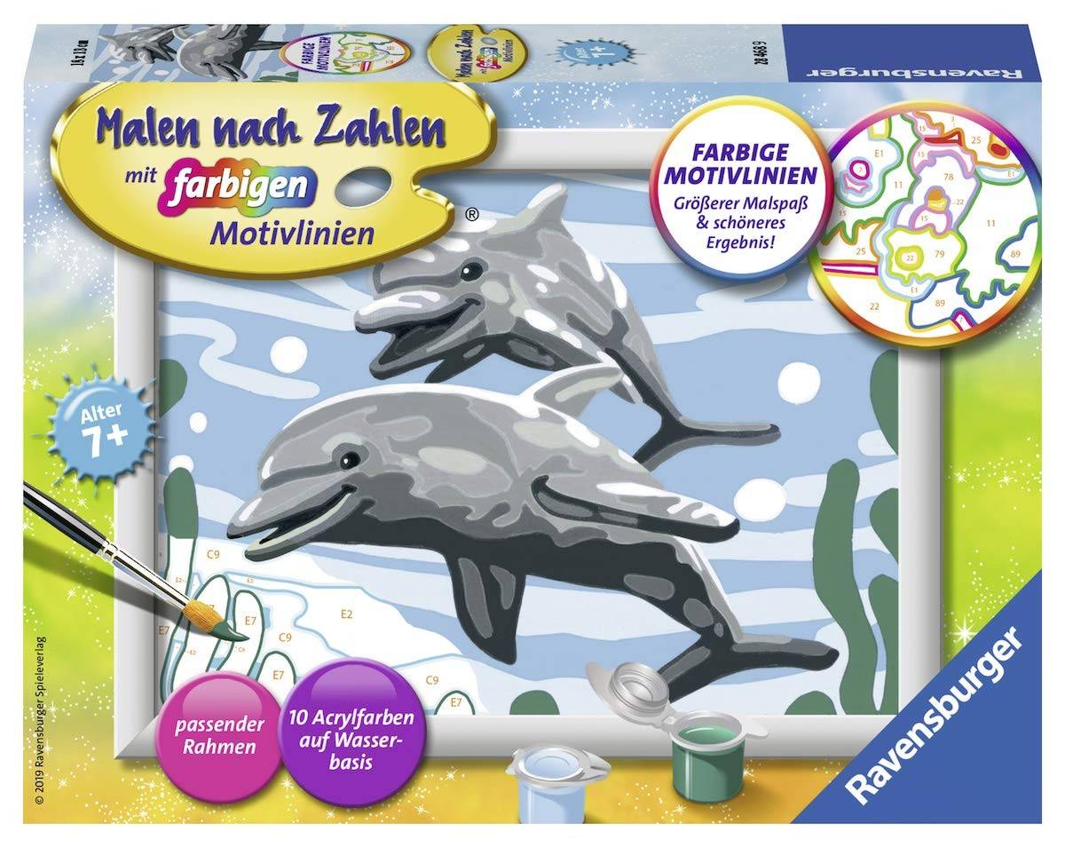 Ravensburger 28468 - Malen nach Zahlen, Freundliche Delfine Mit farbigen Motivlinien, Jeder kann malen, Maltafel 18 x 13 cm, Mit 10 Acrylfarben auf
