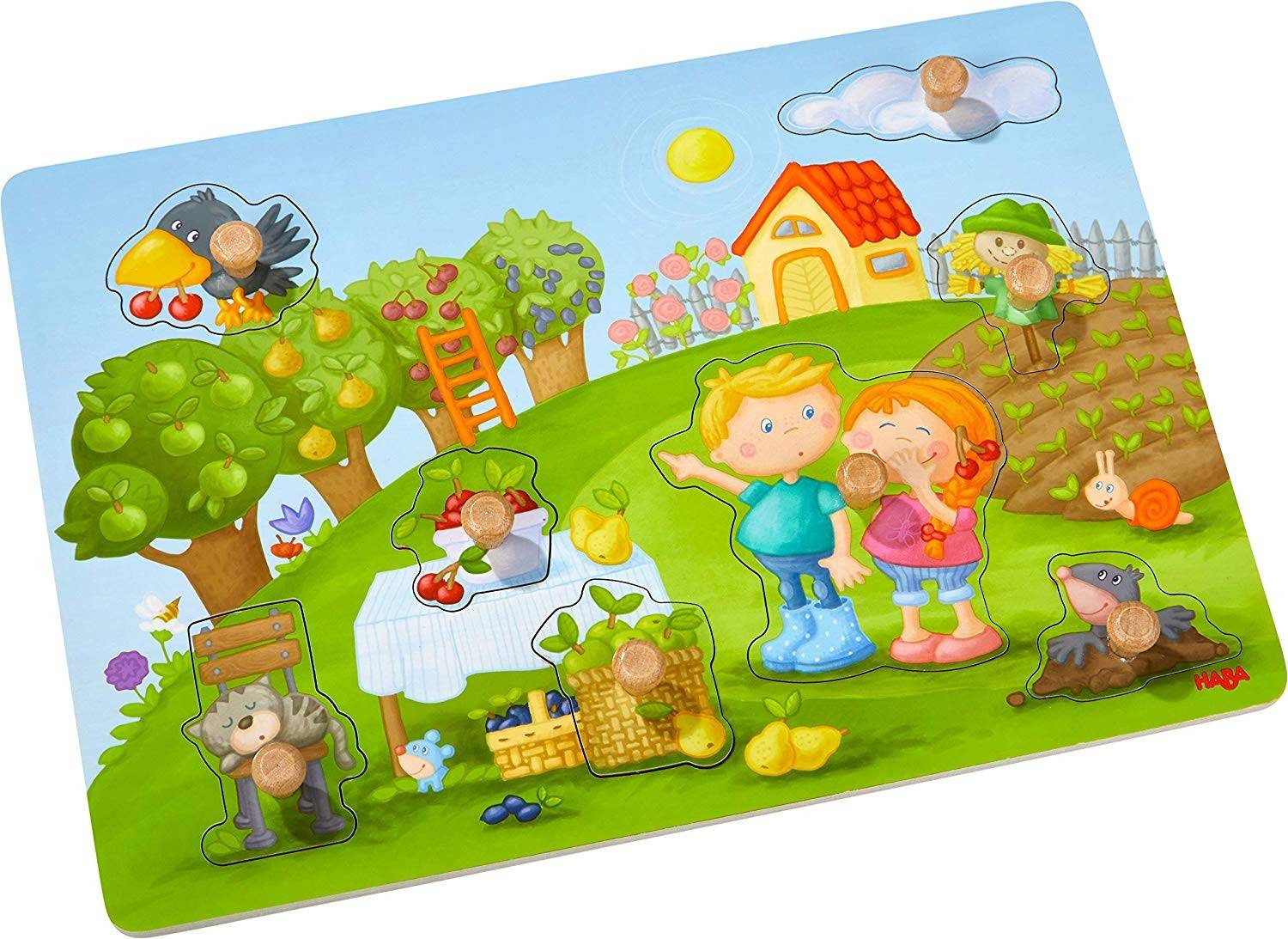 HABA 304430 - Greifpuzzle Obstgarten, Holzpuzzle, 8 Puzzleteile