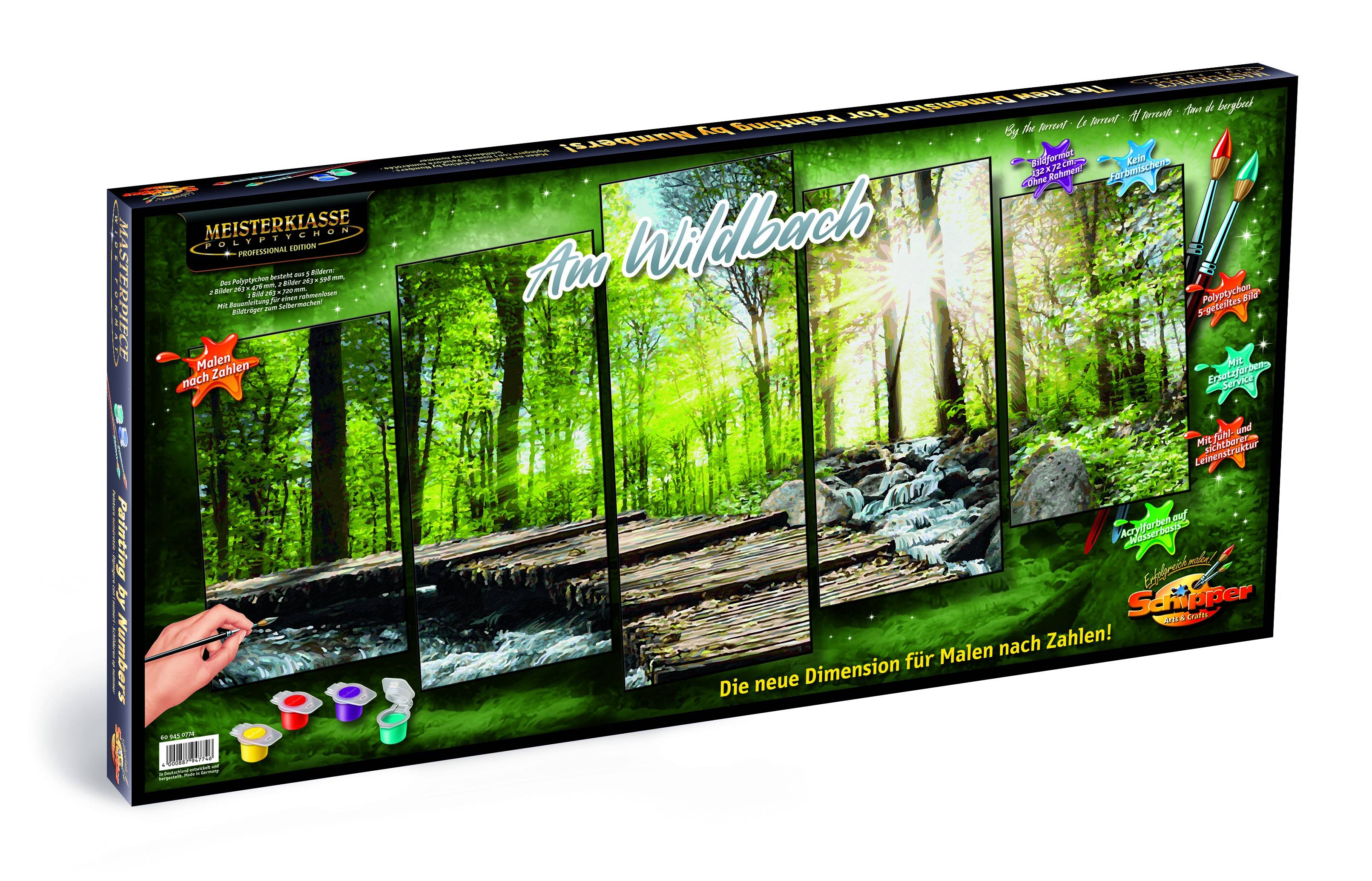 Noris - 609450774 - Malen nach Zahlen - Am Wildbach Meisterklasse Polyptychon, Mit Acrylfarben auf Wasserbasis und Pinsel, Bildformat: 2 Malvorlagen 2