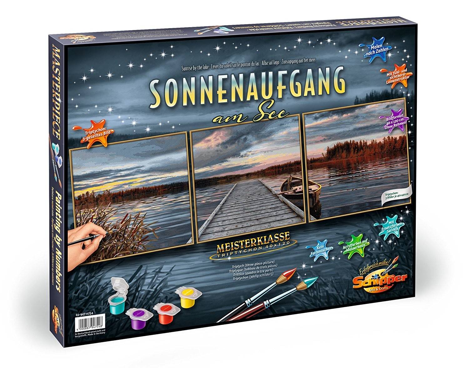 Schipper 609470754 - Malen nach Zahlen, Sonnenaufgang am See, Triptychon 40 x 120 Meisterklasse Triptychon, Mit Acrylfarben auf Wasserbasis und Pinsel