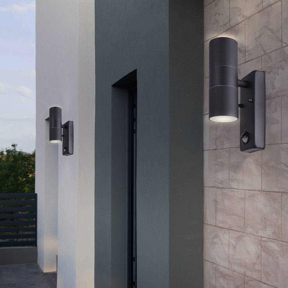 Außenwandleuchte mit Bewegungsmelder rund Wand Außenleuchte Terrasse Aussenleuchte Up Down, Aluminium Druckguss schwarz, 2x GU10, DxH 6x11,5 cm, 2er