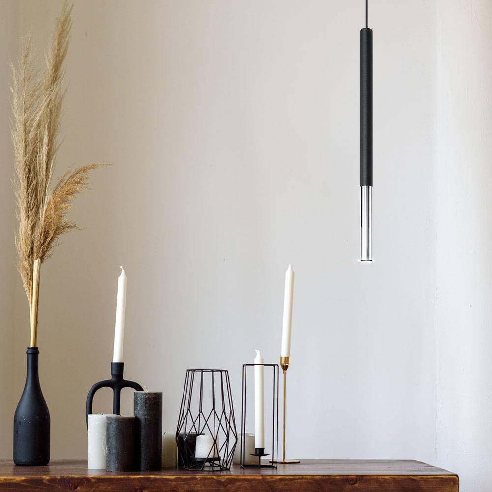 Pendelleuchte schwarz Metall Hängeleuchte schwarz Zylinder Hängelampe schwarz Modern, aus Stahl mit chrom Akzent, 1x G9, DxH 8x110 cm