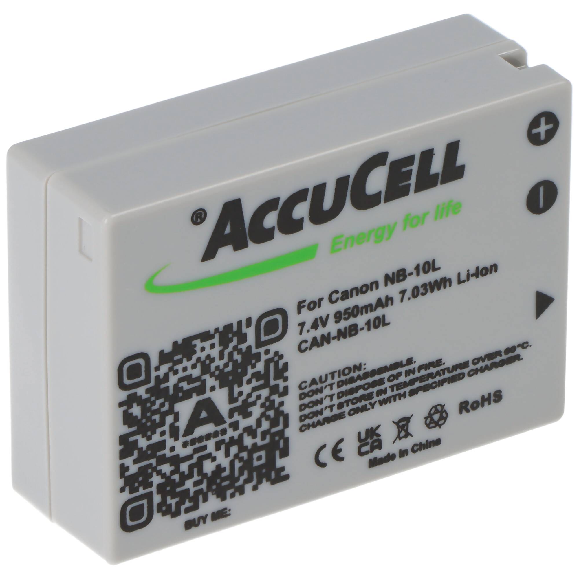 AccuCell Akku passend für Canon NB-10L, PowerShot SX40 HS, Li-Ion 7,4 Volt, 750-950mAh Abmessungen 45,5x32,4x15,2mm