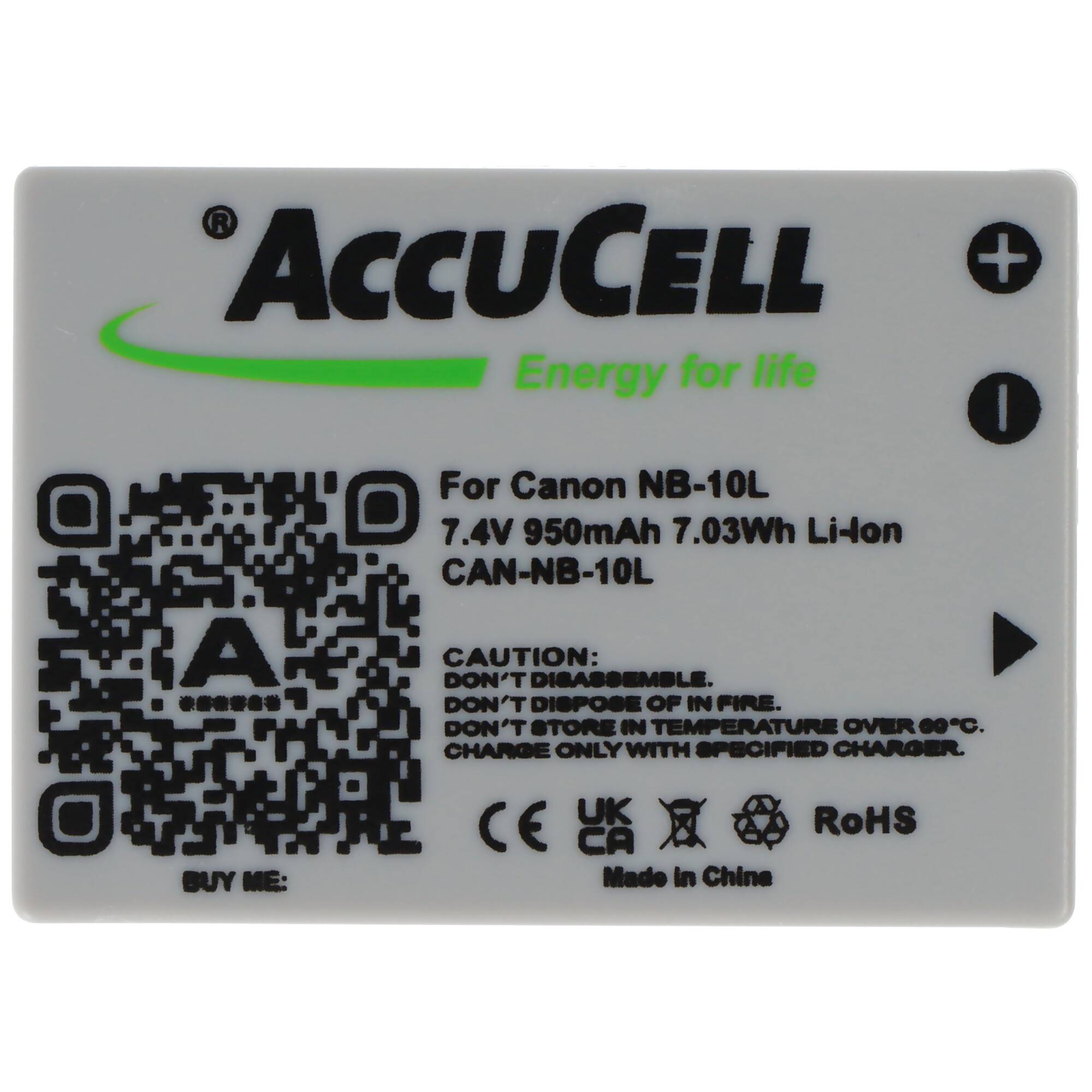 AccuCell Akku passend für Canon NB-10L, PowerShot SX40 HS, Li-Ion 7,4 Volt, 750-950mAh Abmessungen 45,5x32,4x15,2mm