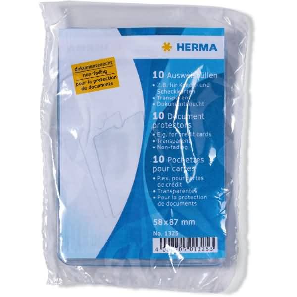 Packung mit 10 transparenten, nicht verblassenden Dokumentenschutzhüllen von HERMA, 58 x 87 mm, gezeigt in Kunststoffverpackung.