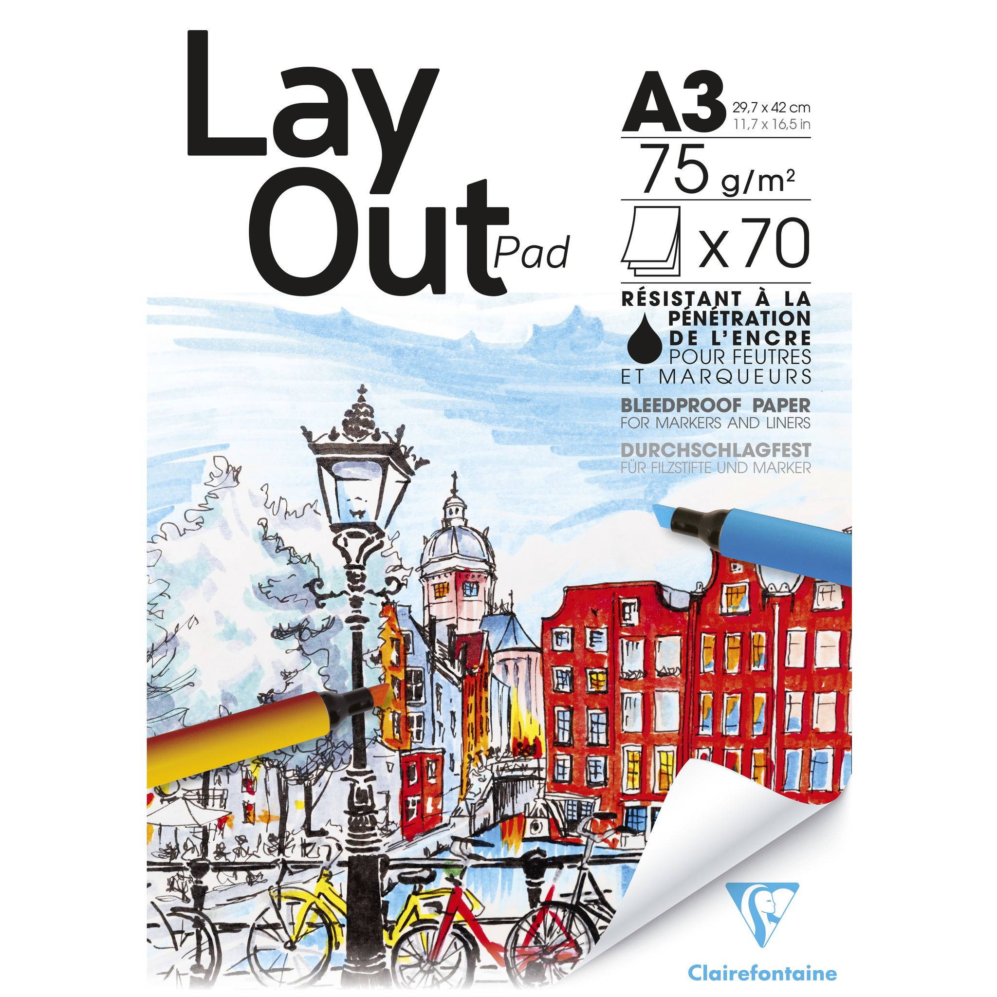 Clairefontaine Layoutblock geleimt A3, 70 Bl weiß 75g, für Alkoholmarker 96534C