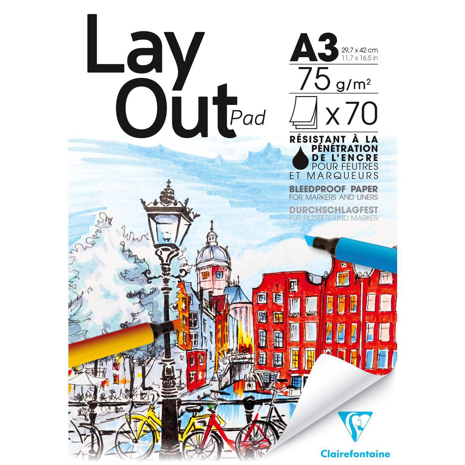 Clairefontaine Layoutblock geleimt A3, 70 Bl weiß 75g, für Alkoholmarker 96534C