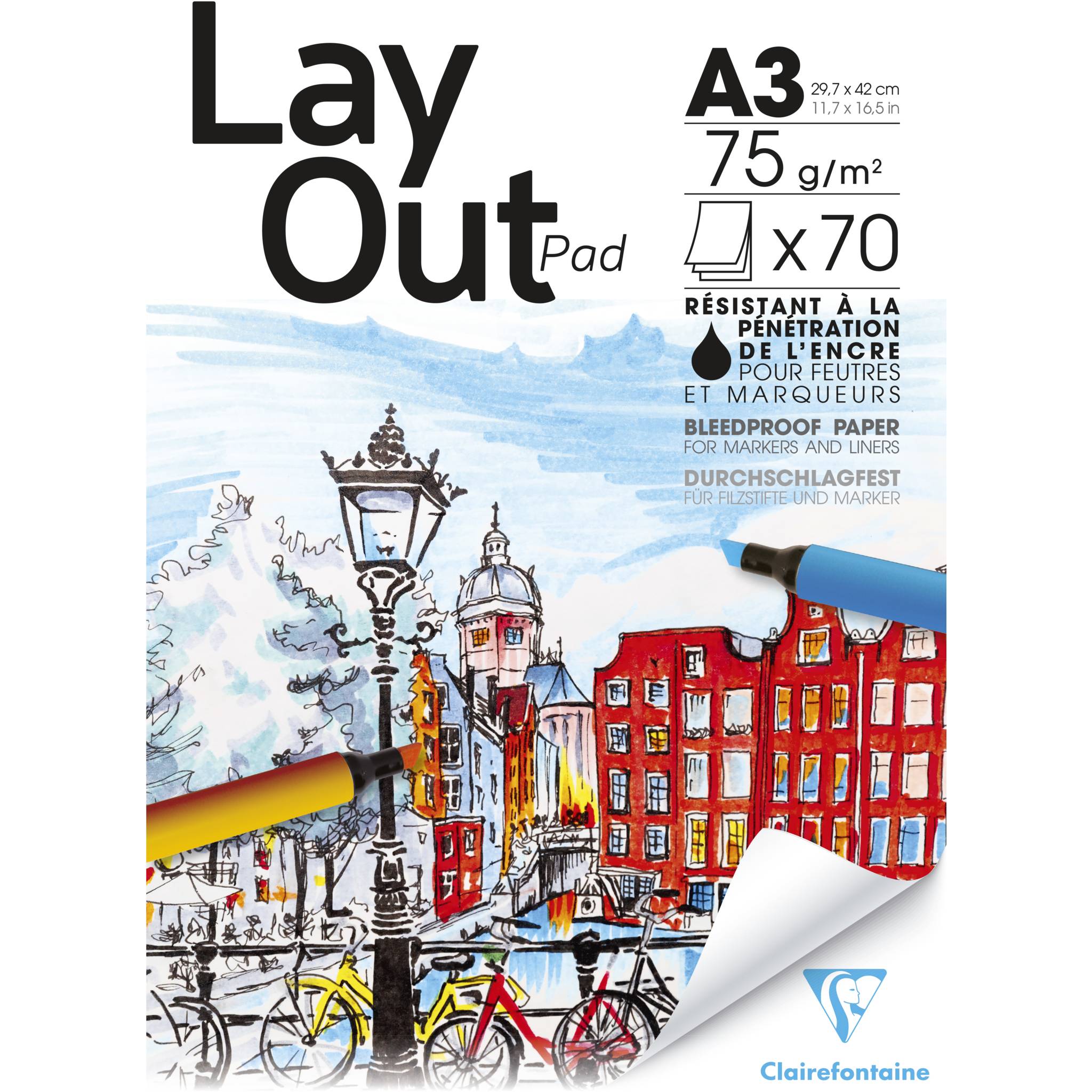 Clairefontaine Layoutblock geleimt A3, 70 Bl weiß 75g, für Alkoholmarker 96534C