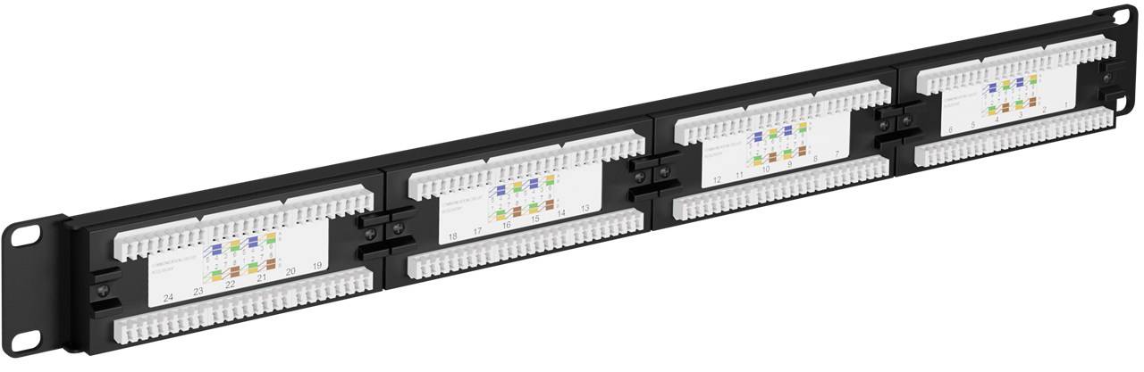 Dreier-Patchfeld mit schwarzem Netzwerk-Gehäuse, beschrifteten Punch-Down-Blöcken und Kabelbefestigungspunkten zur Organisierung von Ethernet-Verbindungen.