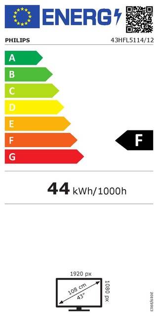 Energieeffizienz-Etikett mit Bewertung F, mit 44 kWh/1000h.
