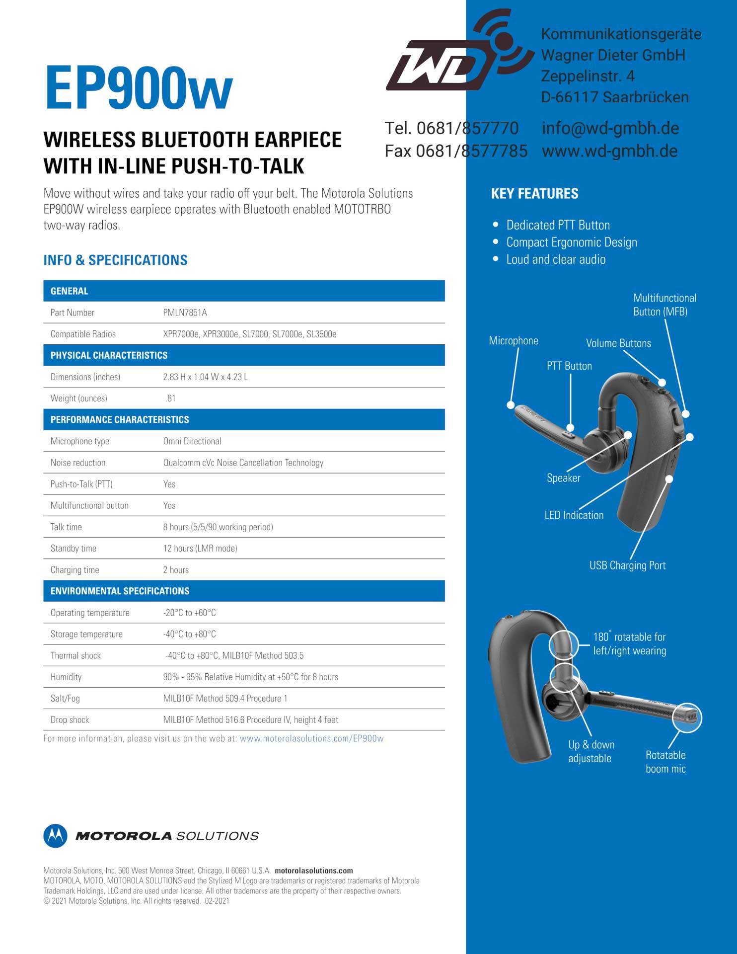 Motorola Bluetooth Headset mit PTT Taste und Geräuschreduzierung EP900W PMLN7851A