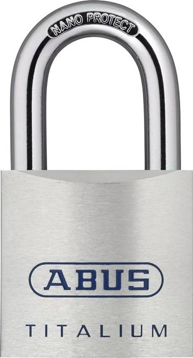 Nahaufnahme eines silbernen ABUS TITALIUM Vorhängeschlosses mit der Gravur „NANO PROTECT