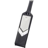 Schwarzer tragbarer Mandolinenschneider mit verstellbarem Messer zum Schneiden von Gemüse, dargestellt auf weißem Hintergrund.