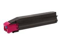 Schwarze Druckertonerpatrone mit magentafarbenem Enddeckel, isoliert auf weißem Hintergrund dargestellt.