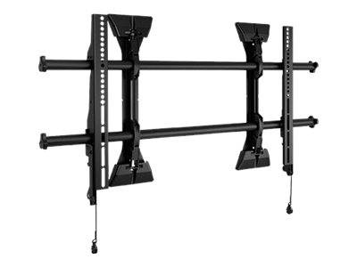 Schwarze verstellbare TV-Wandhalterung mit zwei horizontalen Stützbalken und Zugseilen auf weißem Hintergrund.