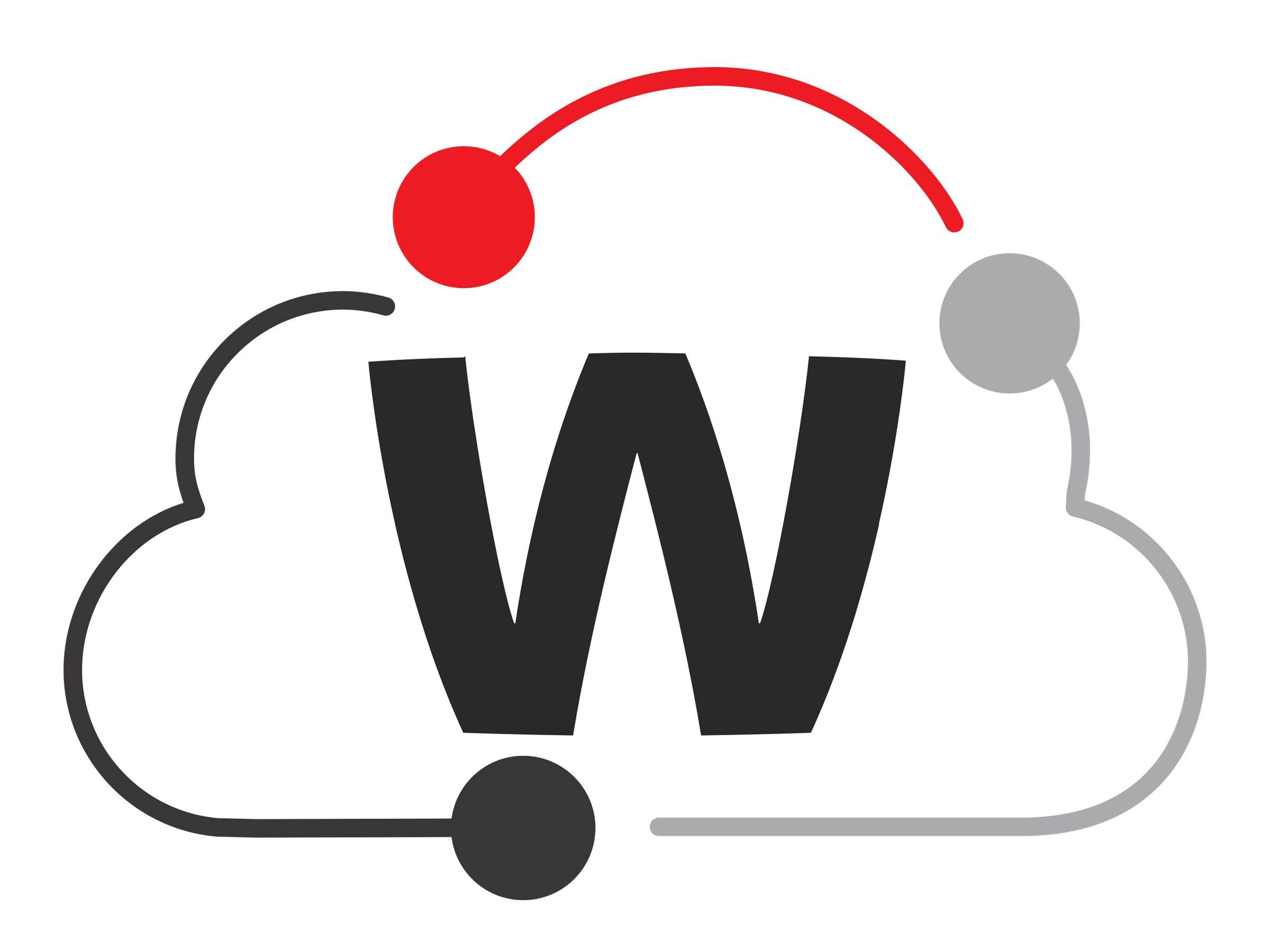 Stilisiertes Cloud-Logo mit einem großen schwarzen Buchstaben W in der Mitte und roten, grauen und schwarzen Kreisknoten, die um es herum verbunden sind.
