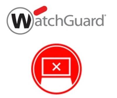 WatchGuard-Logo über einem roten Warnsymbol, das einen Computerbildschirm mit einem X zeigt und eine Sicherheitswarnung oder ein blockiertes Gerät anzeigt.