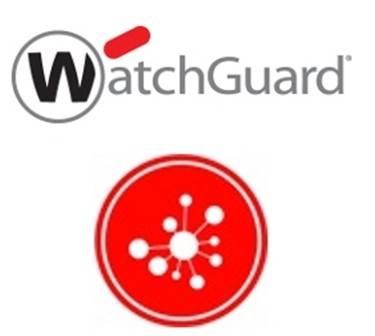 WatchGuard-Logo über einem roten kreisförmigen Netzwerksymbol mit verbundenen Knoten, das Cybersicherheit oder Netzwerkschutz suggeriert.