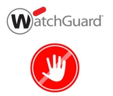 WatchGuard-Logo über einem roten Verbotszeichen mit einer weißen Hand, das Blockierung oder Zugriffsverweigerung andeutet.