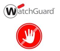 WatchGuard-Logo über einem roten Stoppschild mit einer weißen erhobenen Hand, die blockierten oder verweigerten Zugriff anzeigt.