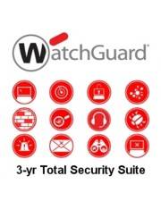 WatchGuard 3-Jahres-Total Security Suite Logo mit 12 roten Symbolen, die Sicherheitsfunktionen wie Firewall und Netzwerksicherheitstools darstellen.