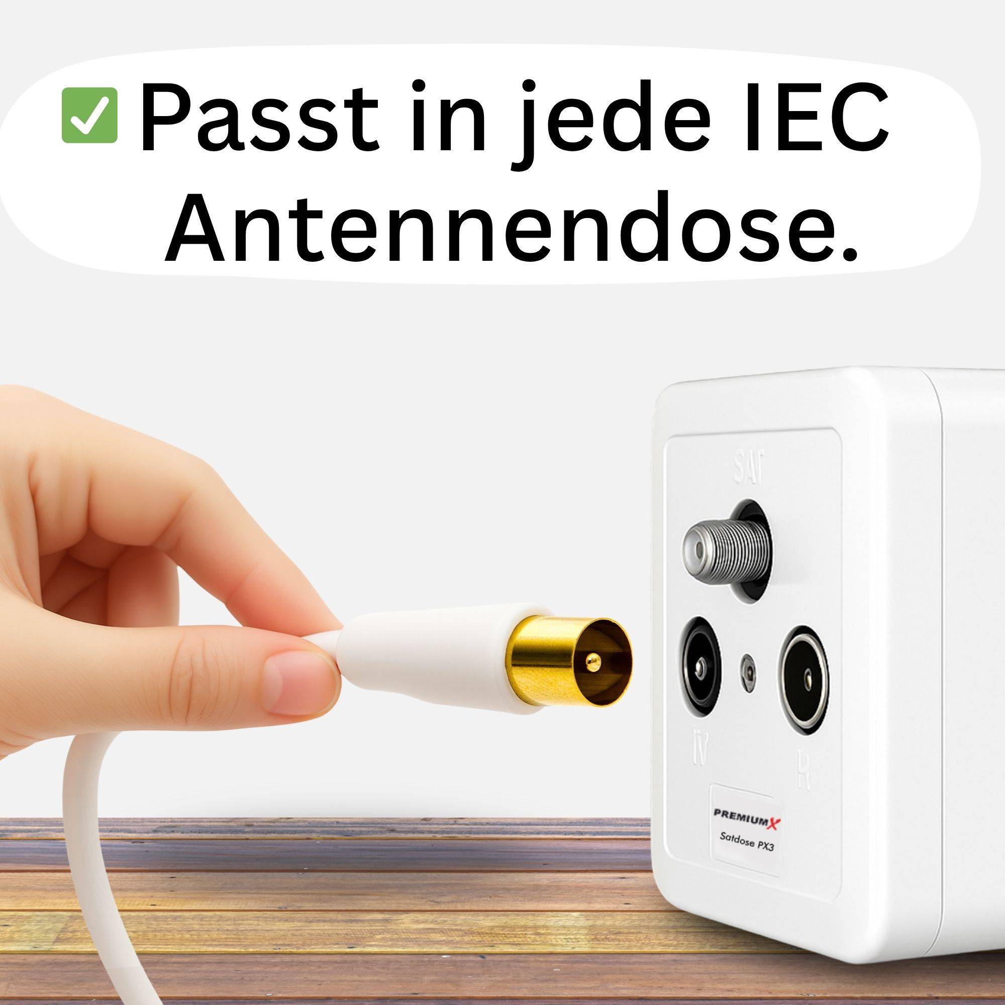 Eine Hand schließt ein Koaxialkabel an eine weiße Antennenbuchse an. Text lautet: 'Passt in jede IEC Antennendose