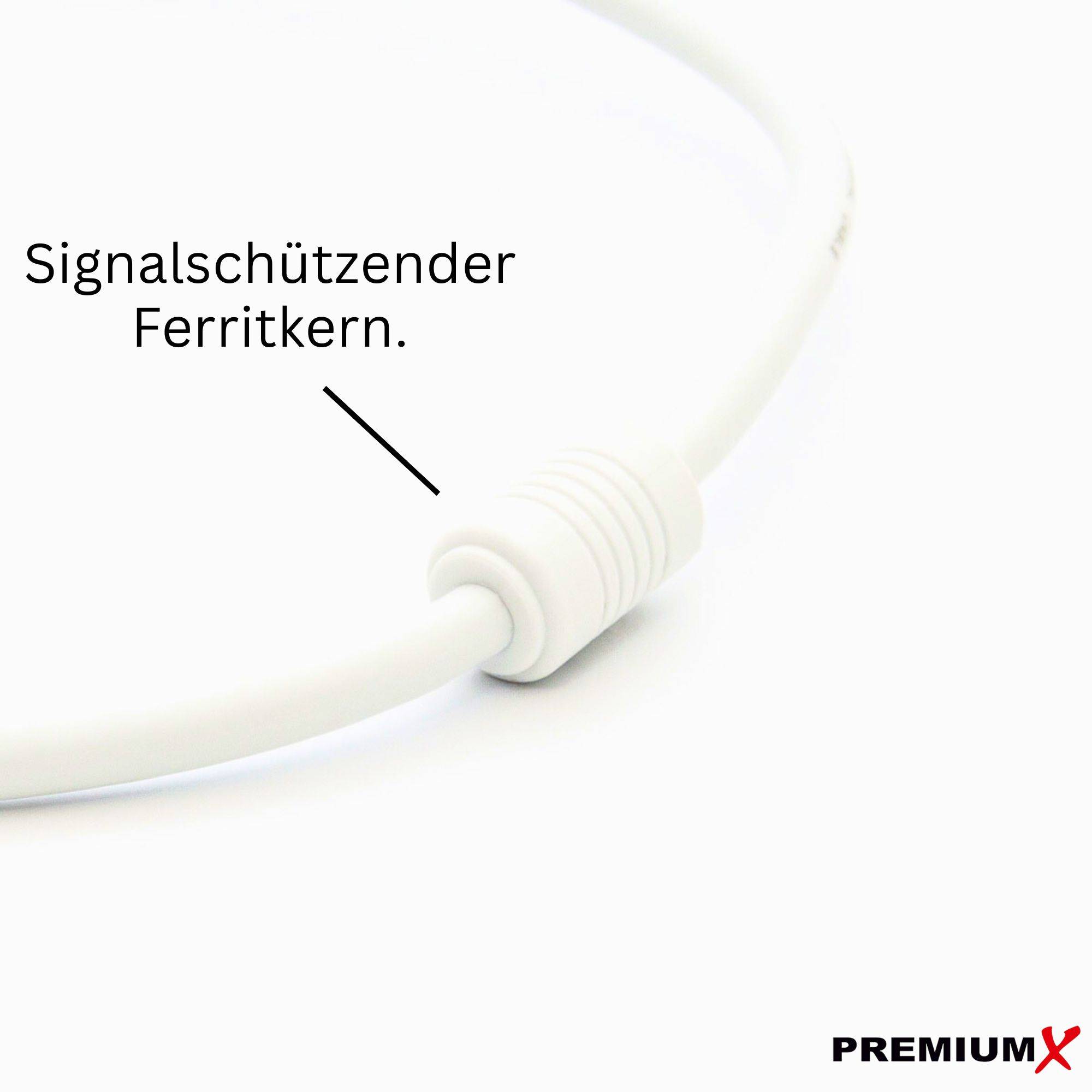Das Bild zeigt ein weißes Kabel mit einem Ferritkern, der mit 'Signalschützender Ferritkern' beschriftet ist. Das Markenlogo 'PREMIUMX' befindet sich in der unteren rechten Ecke.