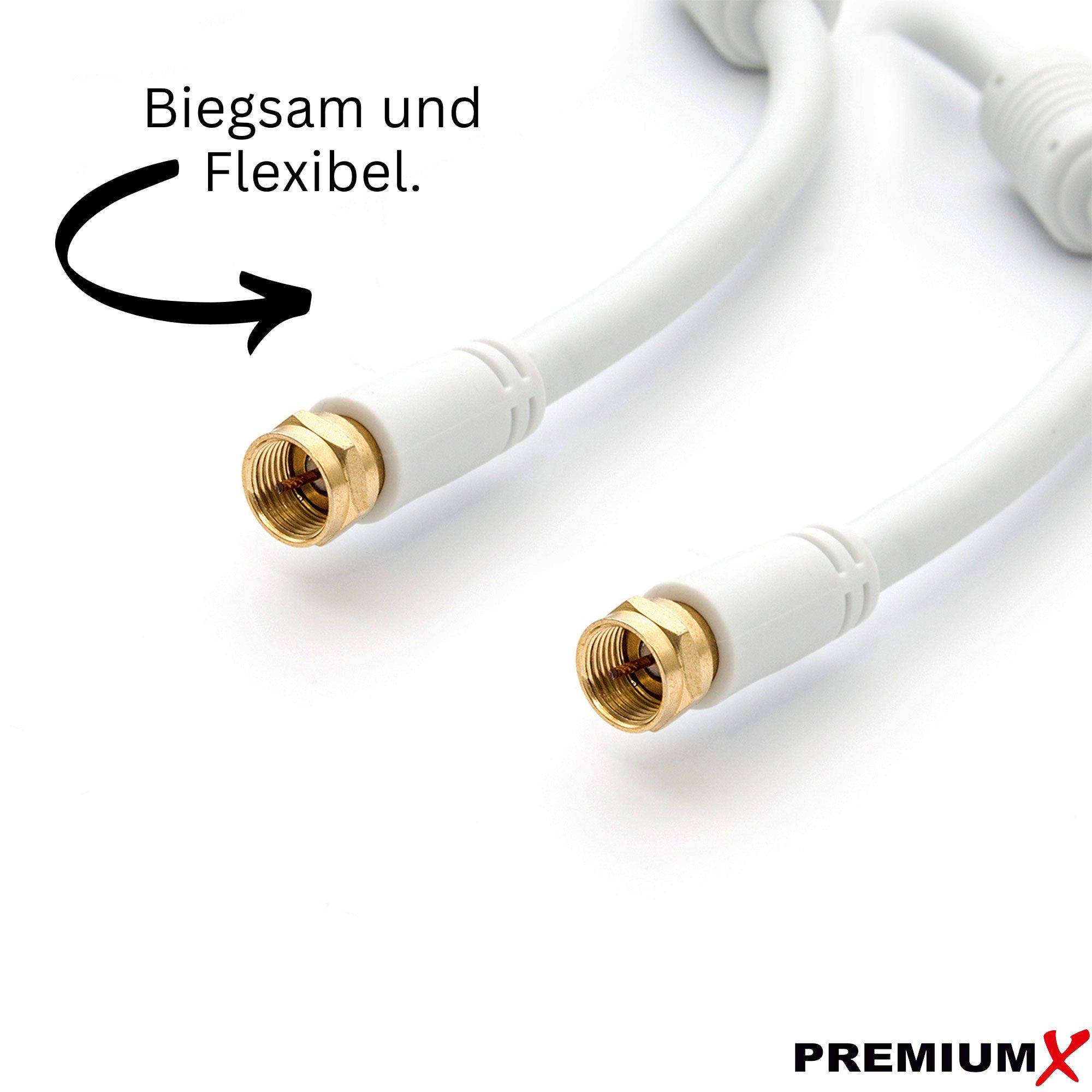 Zwei weiße Koaxialkabel mit goldenen Anschlüssen, mit dem Etikett 'Biegsam und Flexibel', auf einem weißen Hintergrund abgebildet.