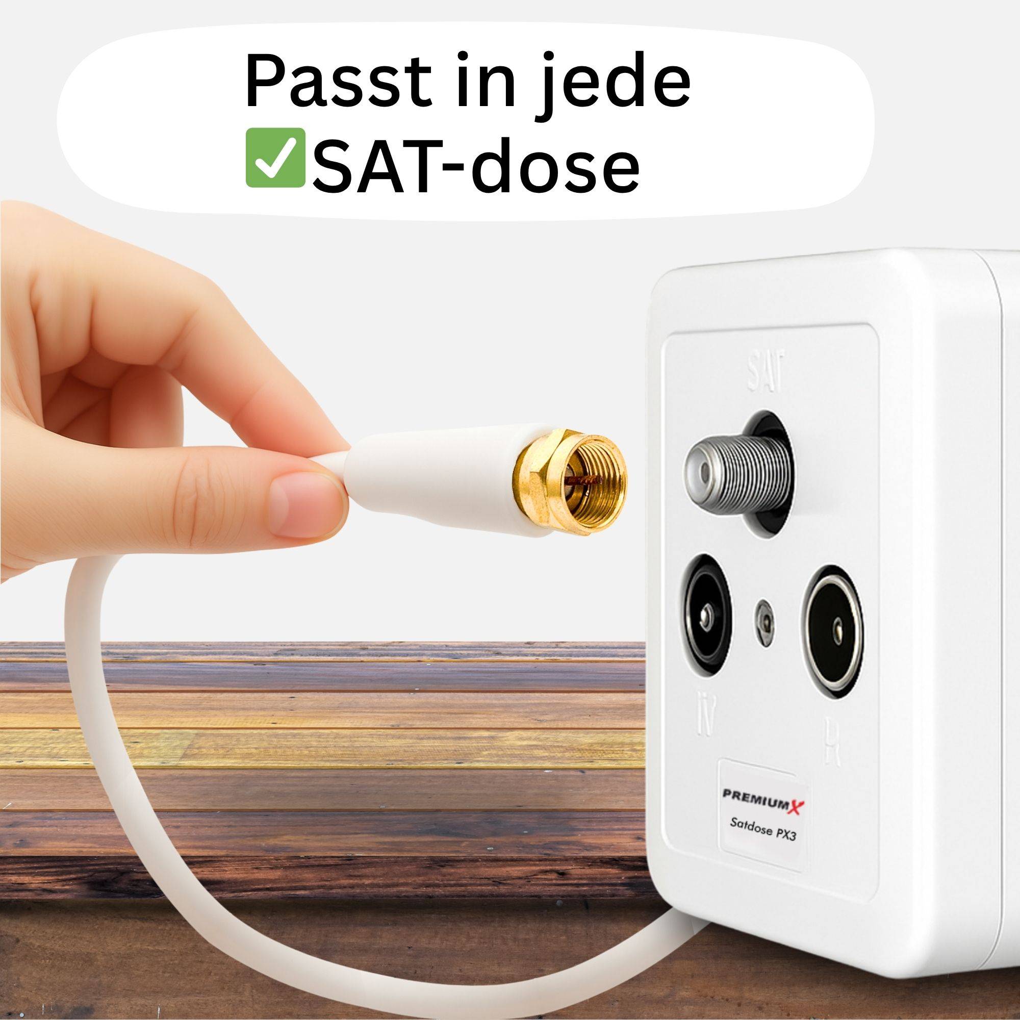 Eine Hand schließt ein Koaxialkabel an eine Wandsteckdose an, die mit 