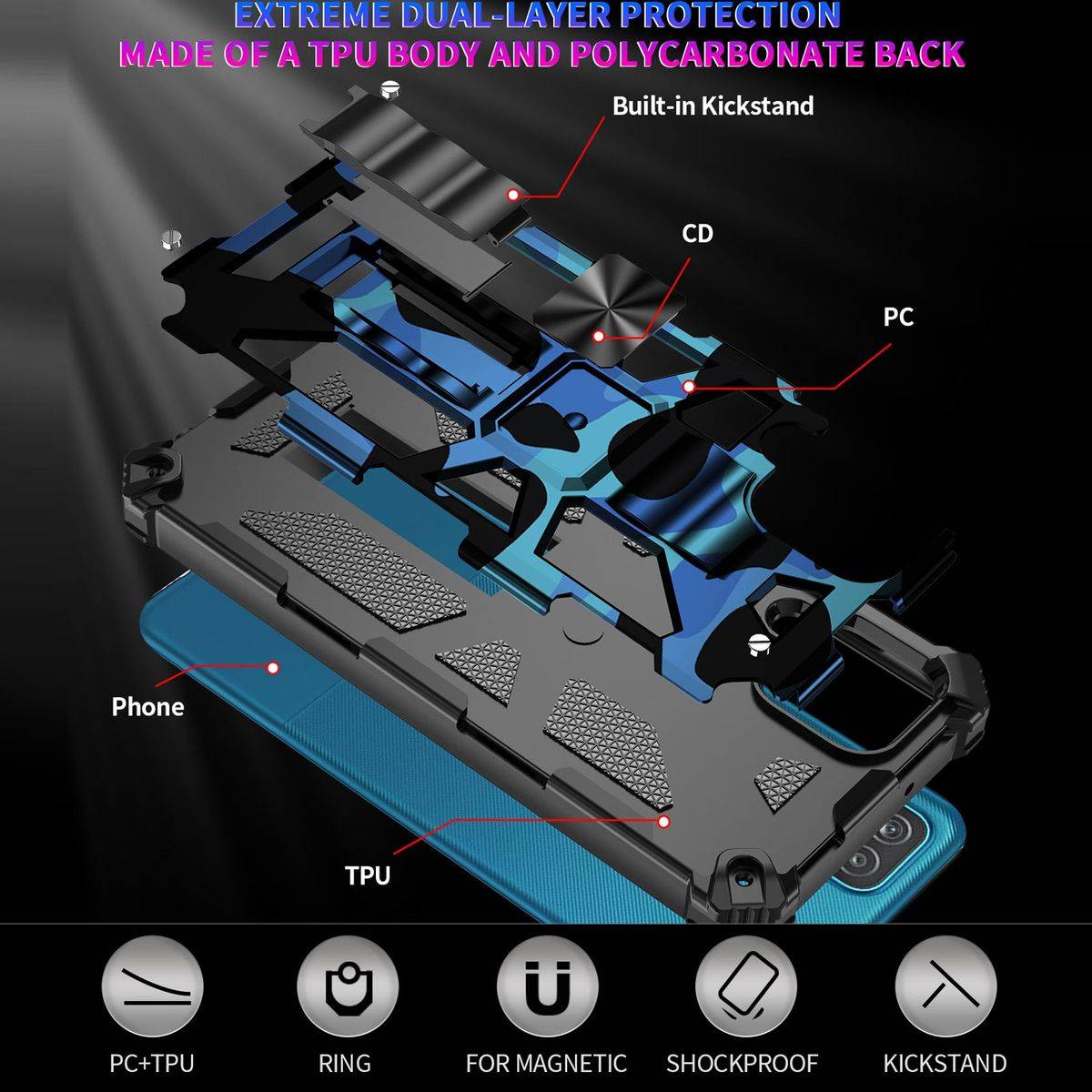 Für Samsung Galaxy A42 Camouflage Shockproof Armor TPU Schutz Tasche Hülle Cover Blau