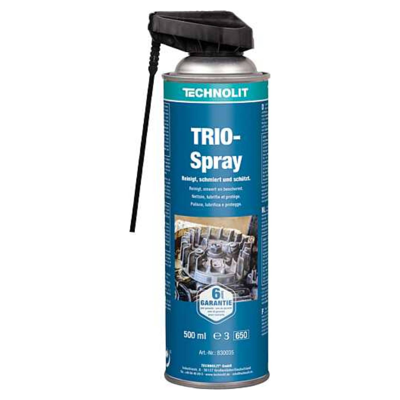 Technolit TRIO-Spray Sprühdose mit aufgesetztem Strohhalm-Aufsatz, 500 ml Schmierspray zum Lösen und Schutz von Metallteilen.