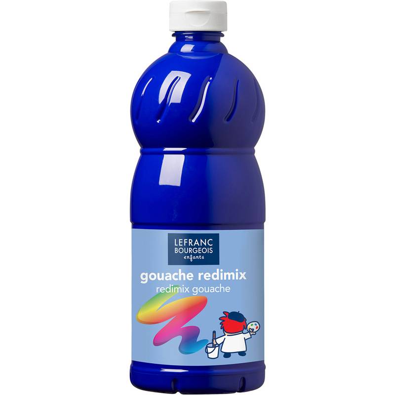Eine große blaue Flasche mit Lefranc Bourgeois Redimix Gouachefarbe mit bunten Pinselstrichen und einer kleinen Pinguin-Illustration auf dem Etikett.