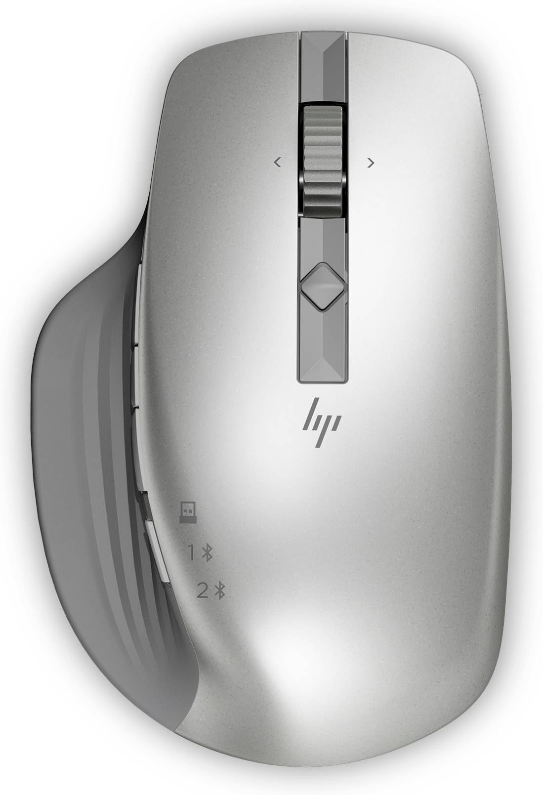 Silberkabellose Computermaus mit Scrollrad, Seitentasten auf der linken Seite und HP-Logo auf weißem Hintergrund.