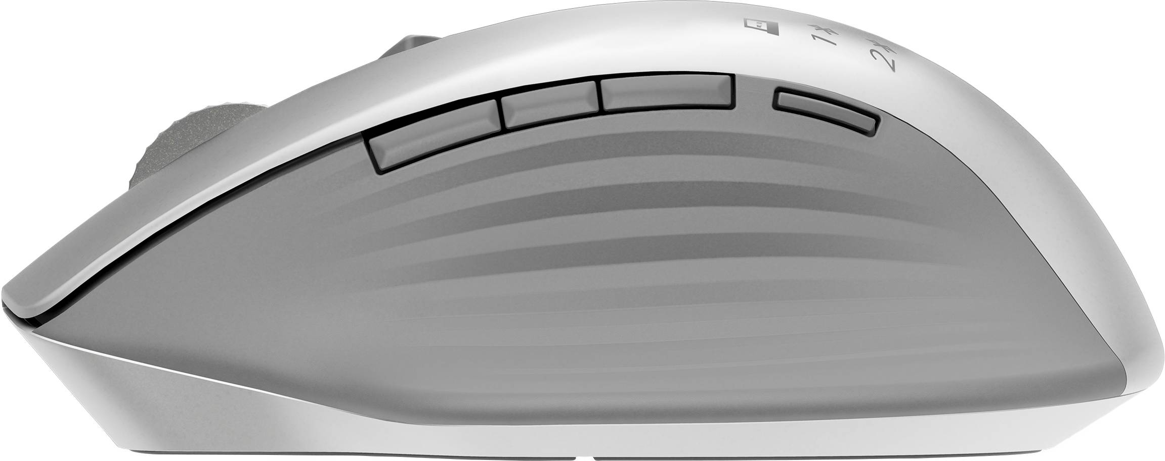 Weiße drahtlose Computermaus mit eleganter gebogener Oberseite und grauem Scrollbereich, in Seitenansicht auf schwarzem Hintergrund dargestellt.