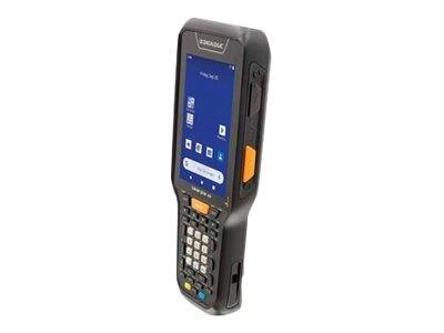Schwarzer tragbarer Barcode-Scanner mit Touchscreen und Tastatur, gezeigt auf einem weißen Hintergrund.